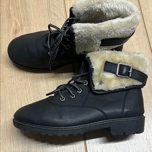 UGG Black Cream Heeled Boots with Sherpa Lining